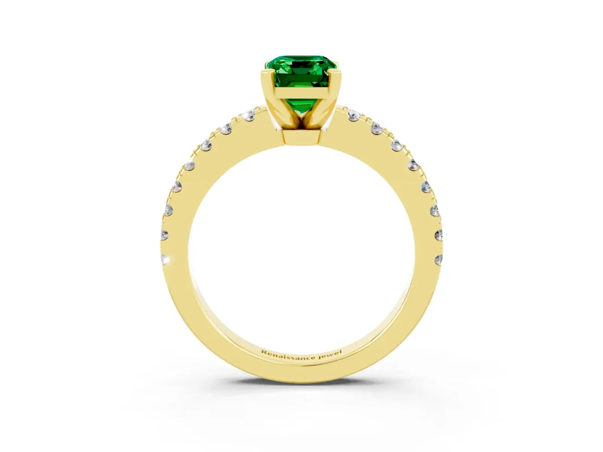 Emerald Cut Solitaire Emerald with Pavé Band and Four-Prong Setting Yellow gold