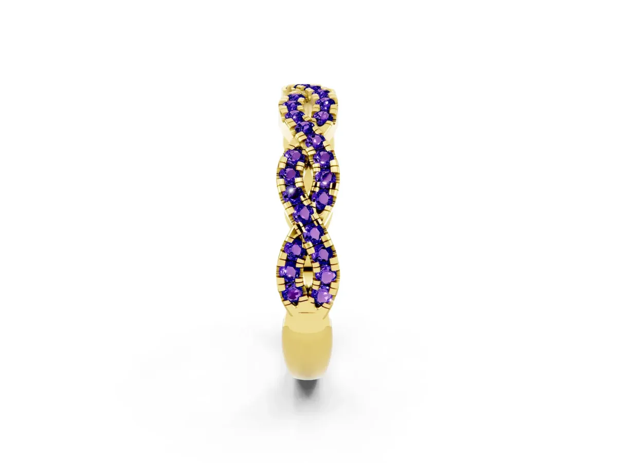 Round Tanzanite Twisted Eternity Band with Pavé and Shared Prong Setting Yellow gold