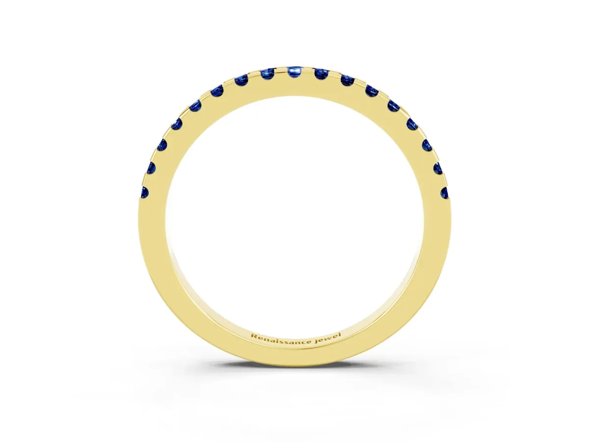 Round Blue Sapphire Pavé Set Eternity Band with Micro Prong Setting Yellow gold