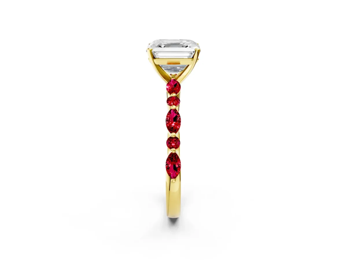 Asscher Cut Diamond Ring with Marquise and Round Ruby Side Stones and Four-Prong Setting Yellow gold