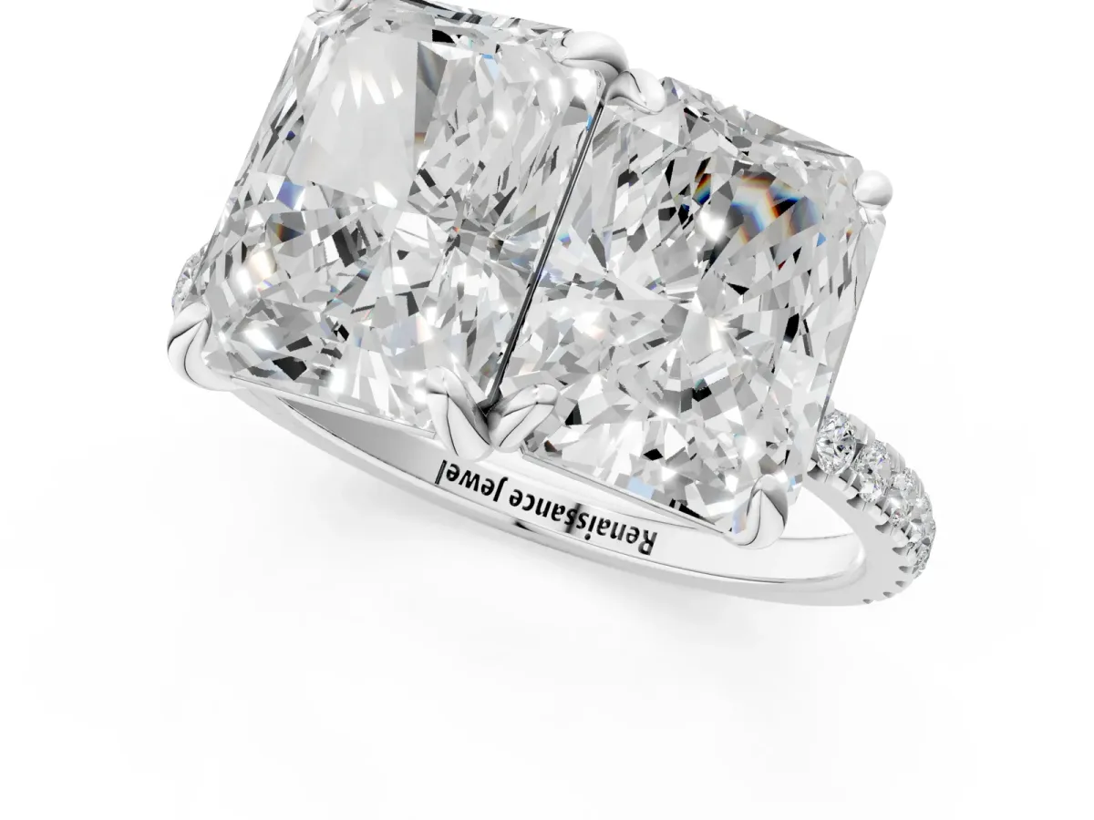 Emerald and Radiant Toi Moi Ring with Prong Setting and Pave Band Silver