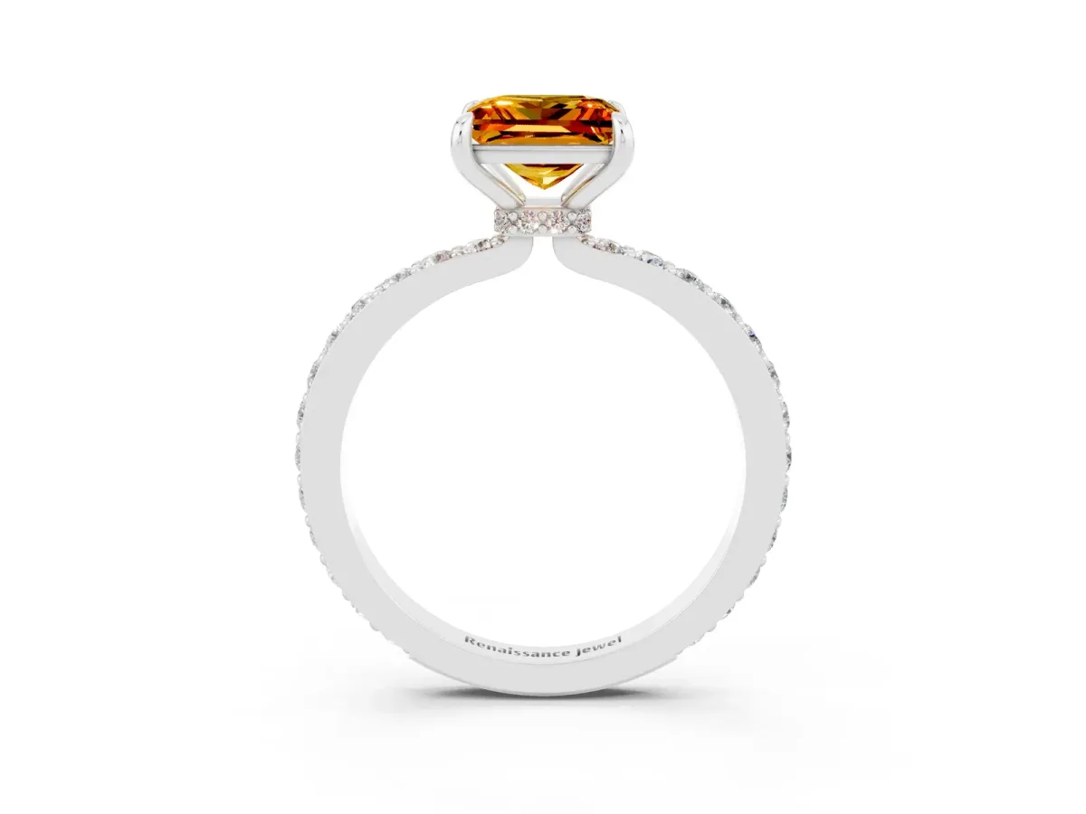 Princess Cut Citrine Solitaire Engagement Ring with Pavé Band and Four-Prong Setting Silver