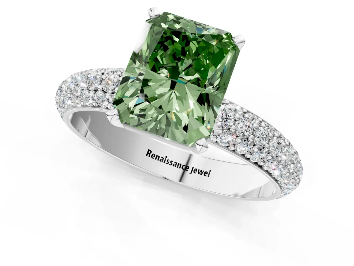 Fancy Green Radiant Cut Diamond Solitaire Ring with Prong Setting and Pavé Band Platinum