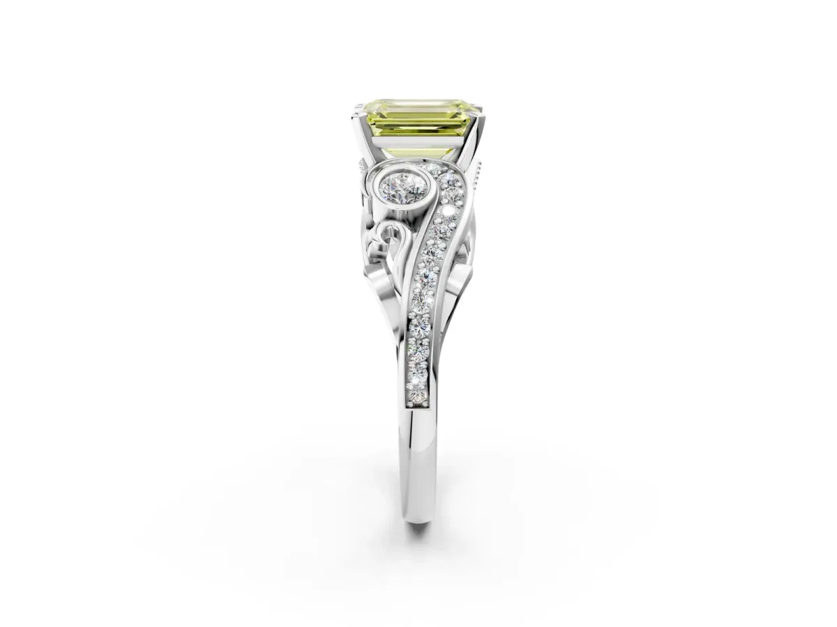 Fancy Yellow Emerald Cut Diamond Solitaire Ring with Milgrain Pavé Band and Four-Prong Setting Silver