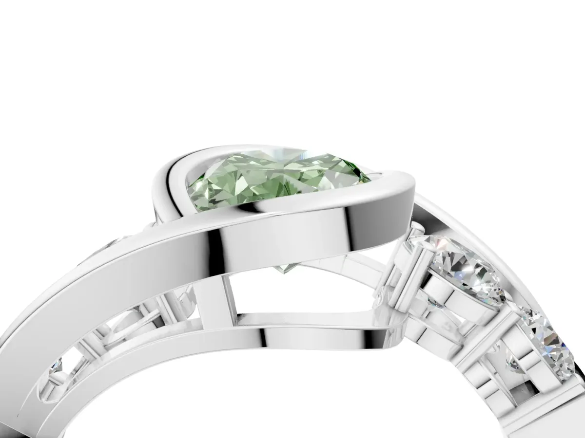 Fancy Green Bezel Set Oval Cut Diamond Bypass Ring with Round Accents Platinum