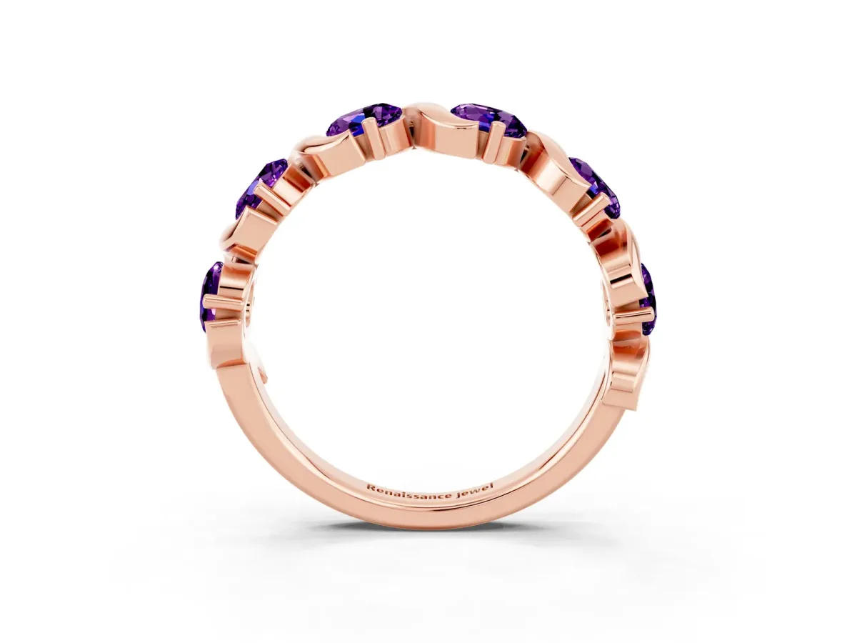 Round Amethyst Half Eternity Band with Wave Prong Setting Rose gold
