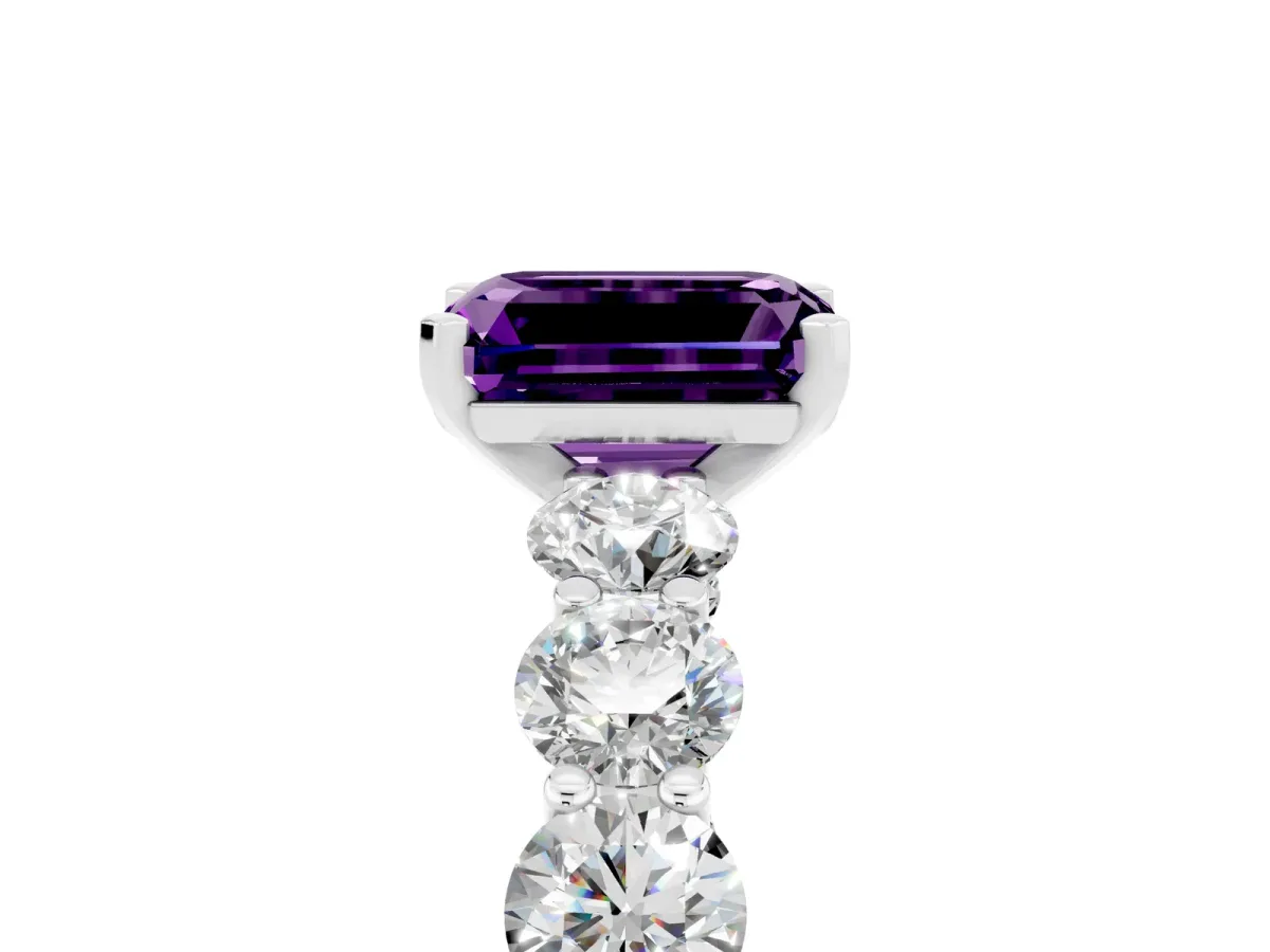 Emerald Cut Amethyst Prong Setting with Side Stones on a Pave Band Platinum