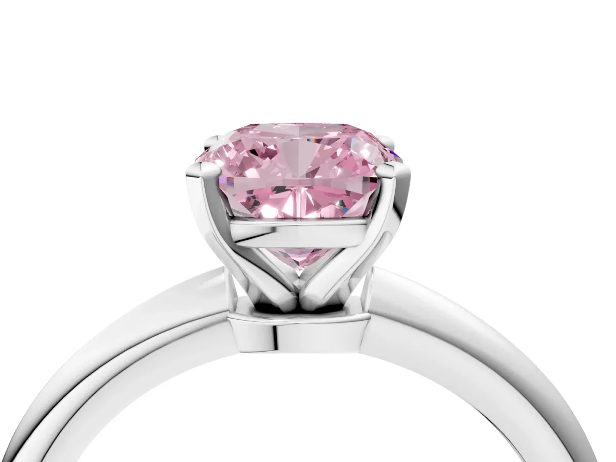 Fancy Pink Cushion Cut Diamond Solitaire Ring with Six-Prong Setting and Classic Band Silver
