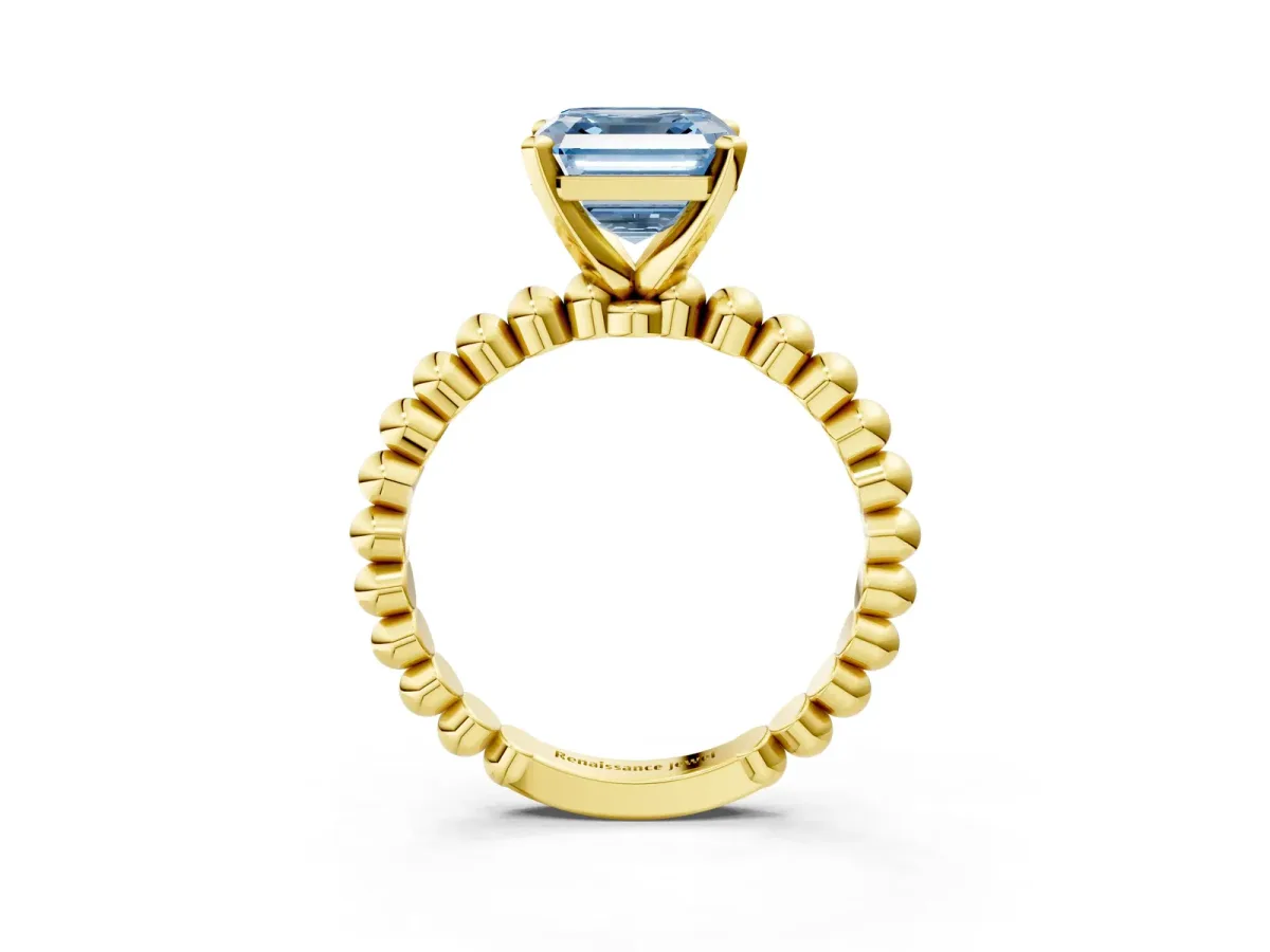 Fancy Blue Asscher Cut Diamond Solitaire Ring with Beaded Band and Prong Setting Yellow gold