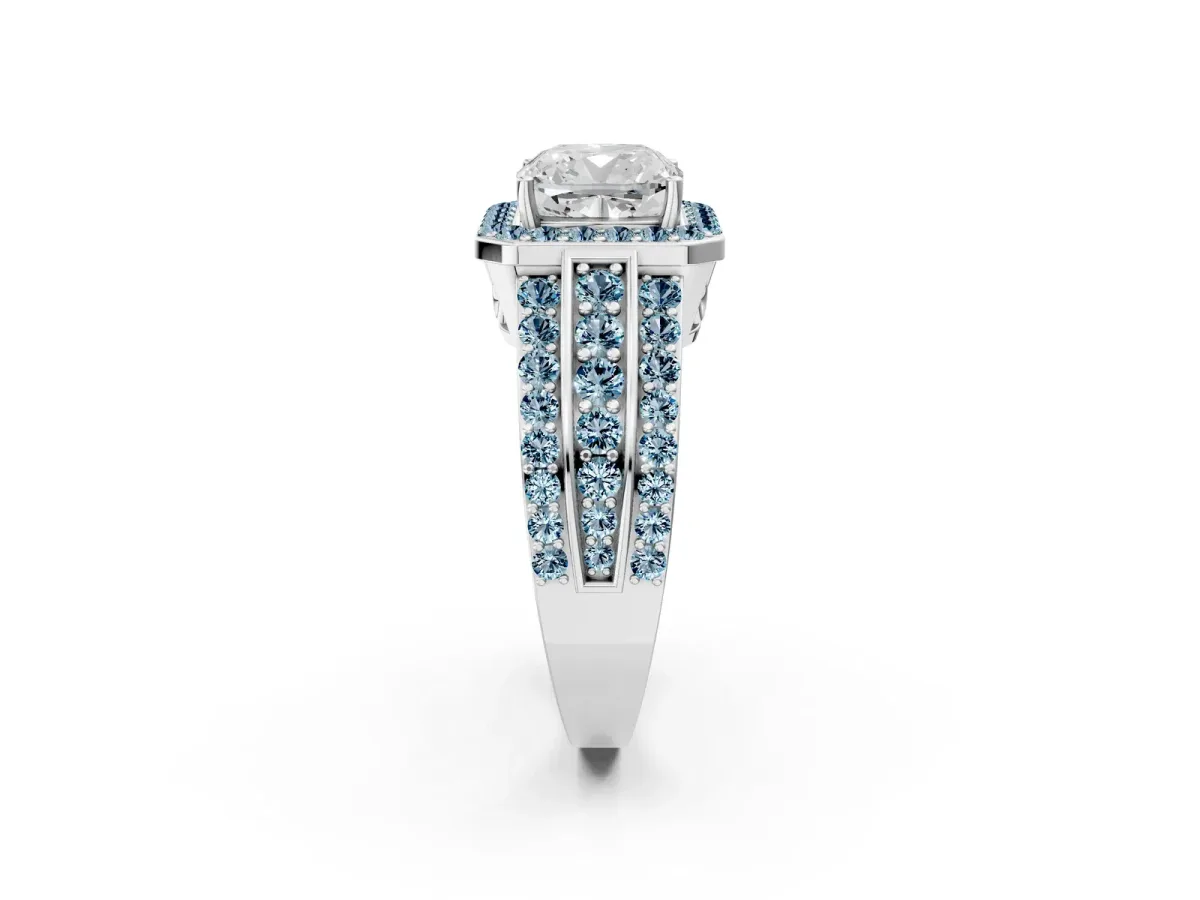 Cushion Cut Halo Diamond Ring with Round Aquamarine Split Shank and Prong Setting Silver