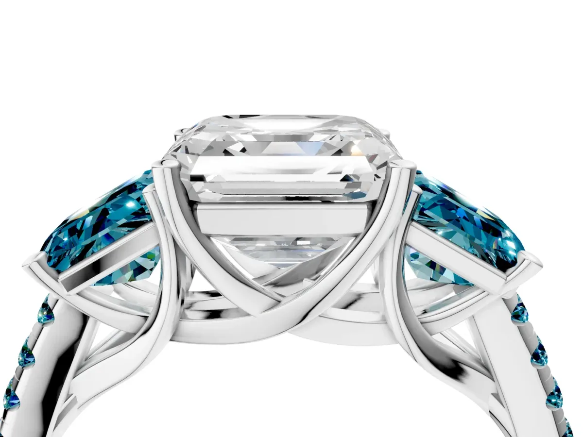 Three-Stone Asscher Cut Diamond Ring with Round Blue Topaz Pavé Band and Prong Setting Silver