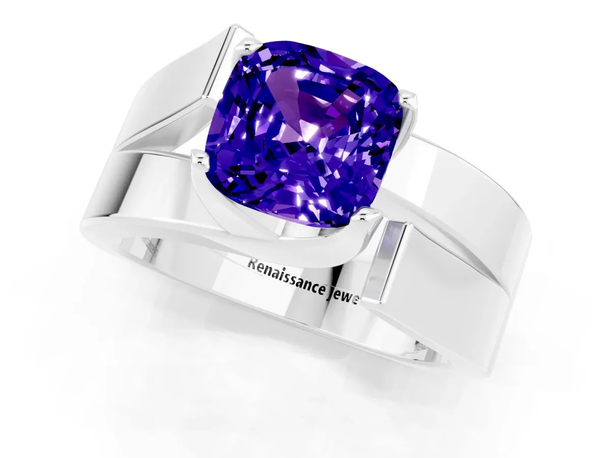 Modern Tension Set Cushion Cut Tanzanite Solitaire Wide Band Ring Silver