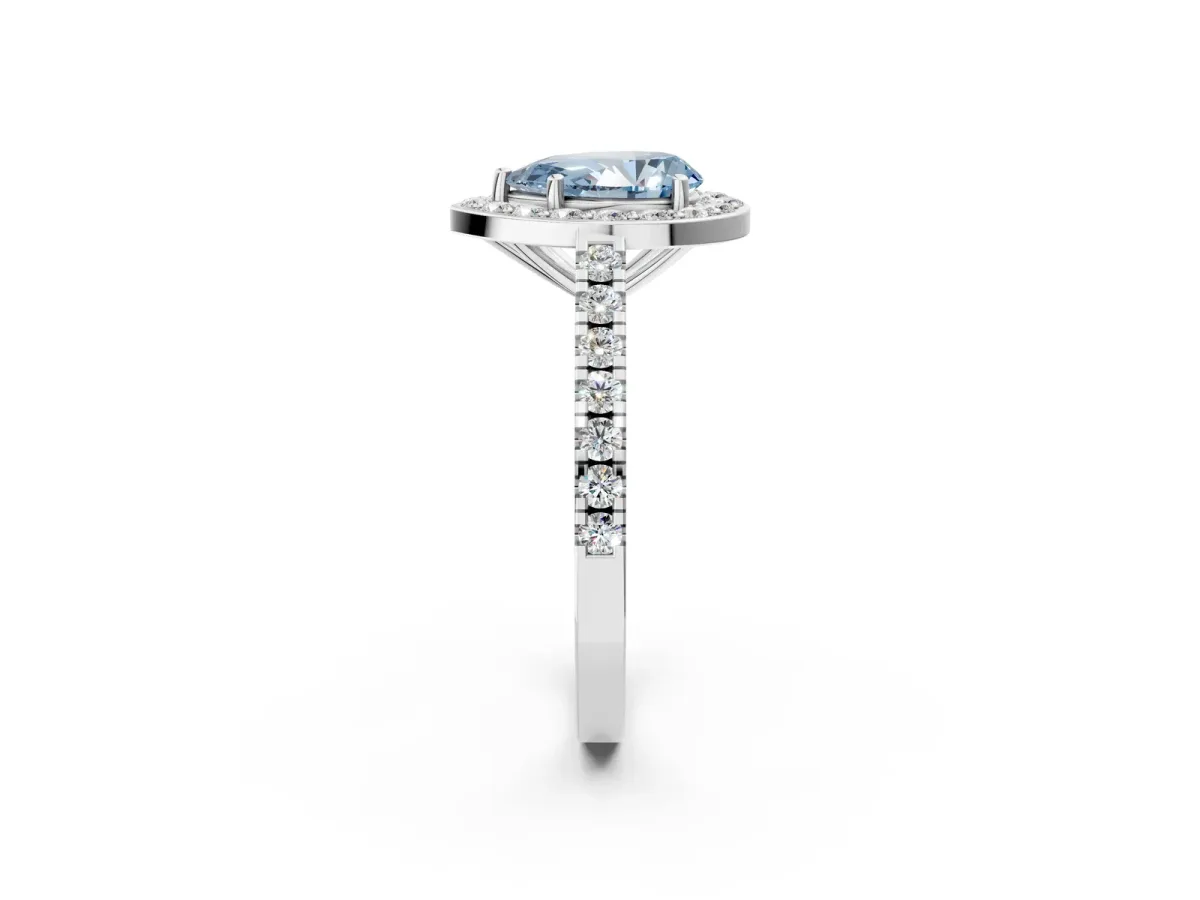 Fancy Blue Pear Cut Diamond Halo Ring with Round Pavé Split Shank and Prong Setting Platinum