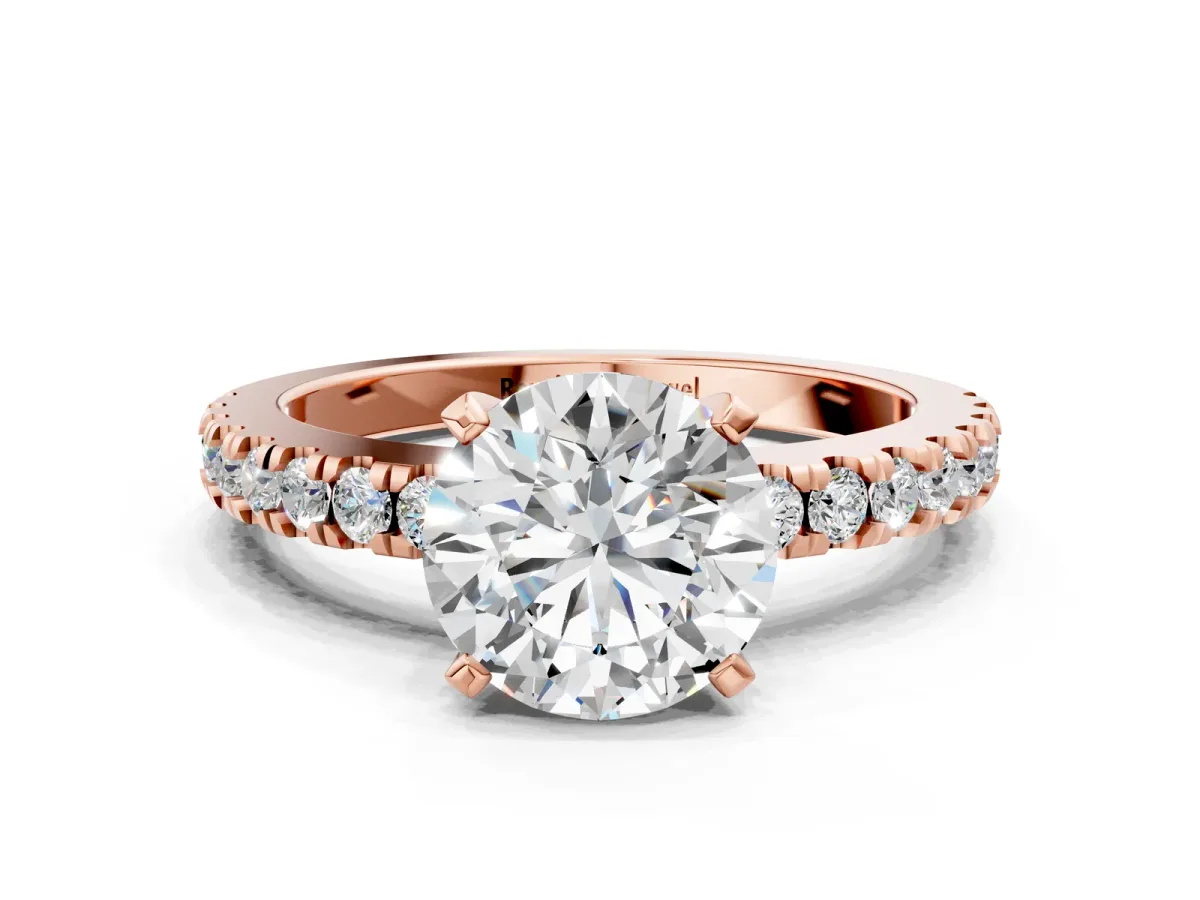 Round Cut Solitaire Diamond with Pavé Band and Four-Prong Setting Rose gold