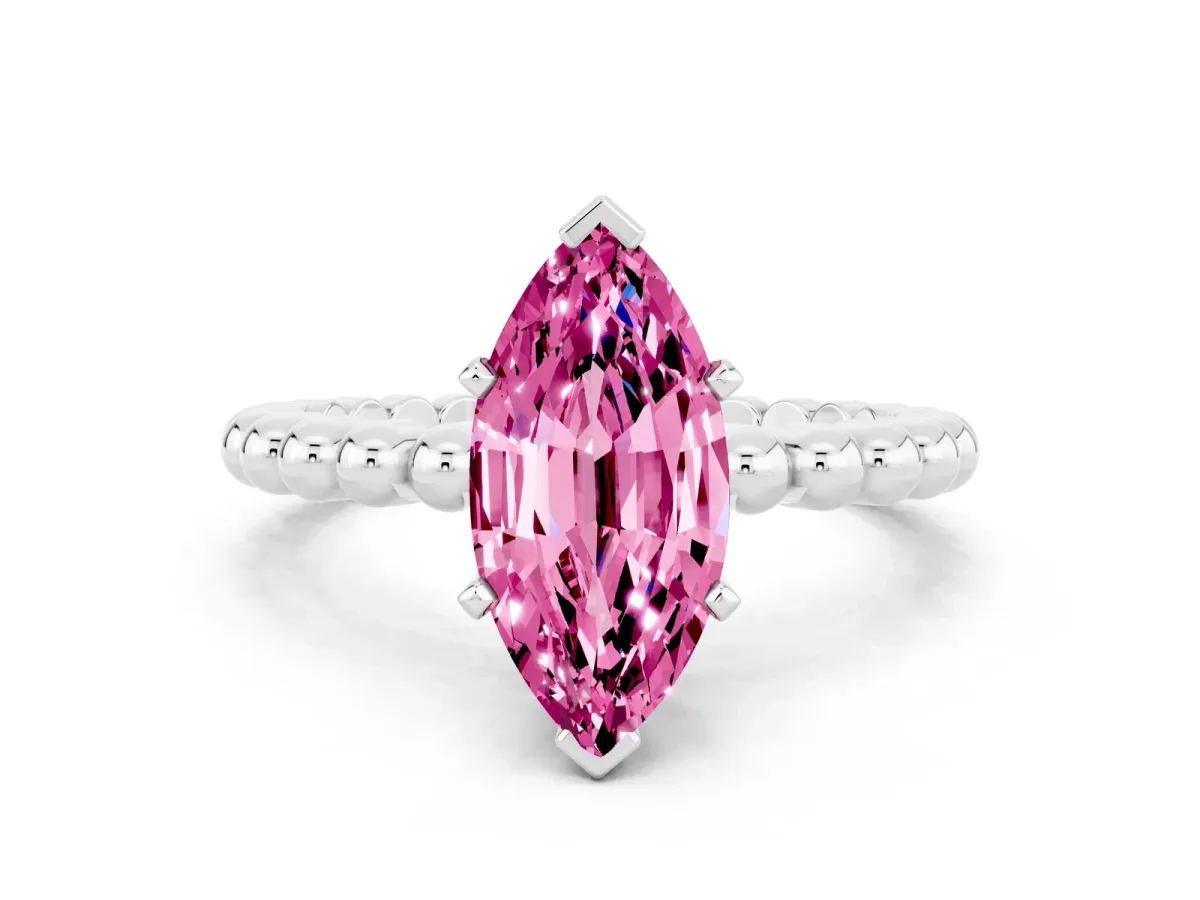 Marquise Cut Pink Sapphire Solitaire Ring with Beaded Band and Prong Setting Silver