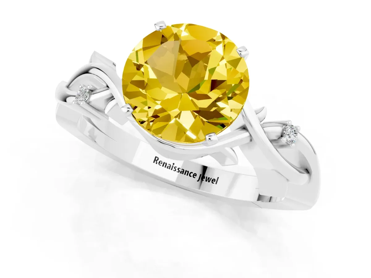 Round Cut Yellow Sapphire Solitaire Ring with Twisted Band and Prong Setting Silver