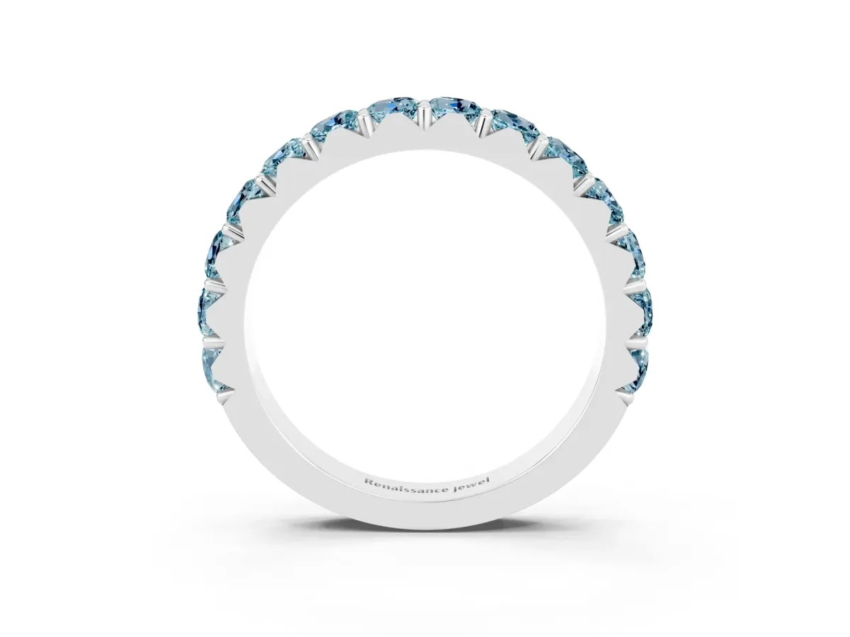 Round Aquamarine Half Eternity Band with Classic Prong Setting Platinum