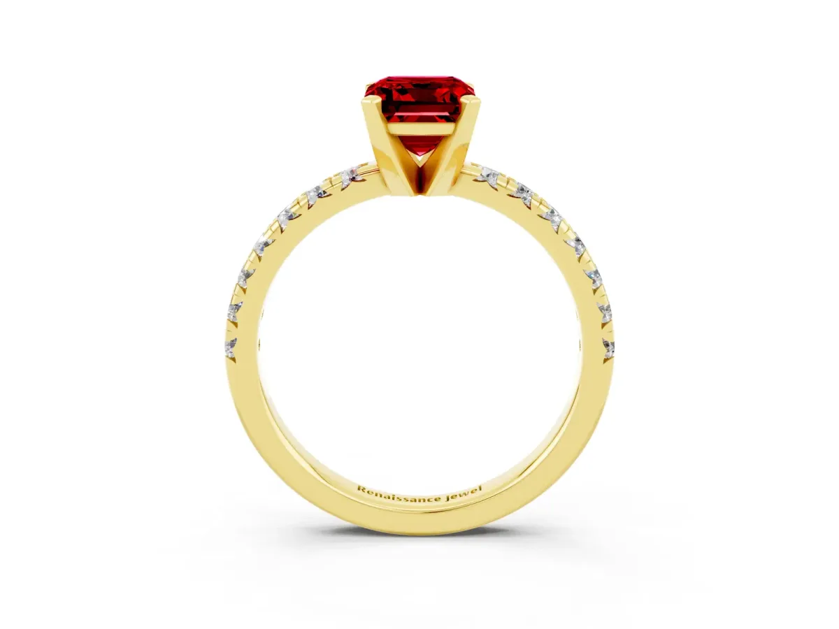 Emerald Cut Ruby Solitaire Pavé Engagement Ring with Round Band and Prong Setting Yellow gold