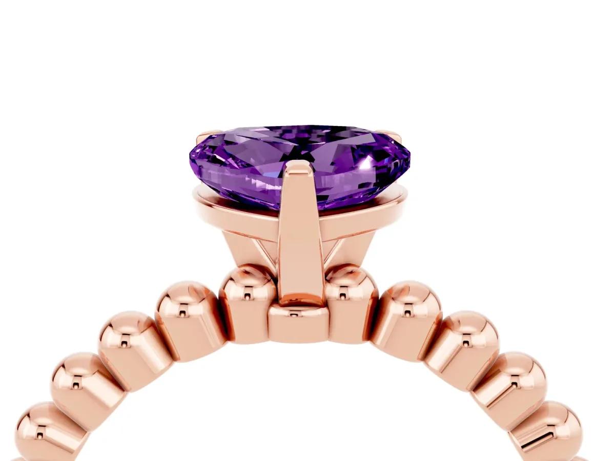 Heart Cut Amethyst Solitaire Ring with Beaded Band and Prong Setting Rose gold