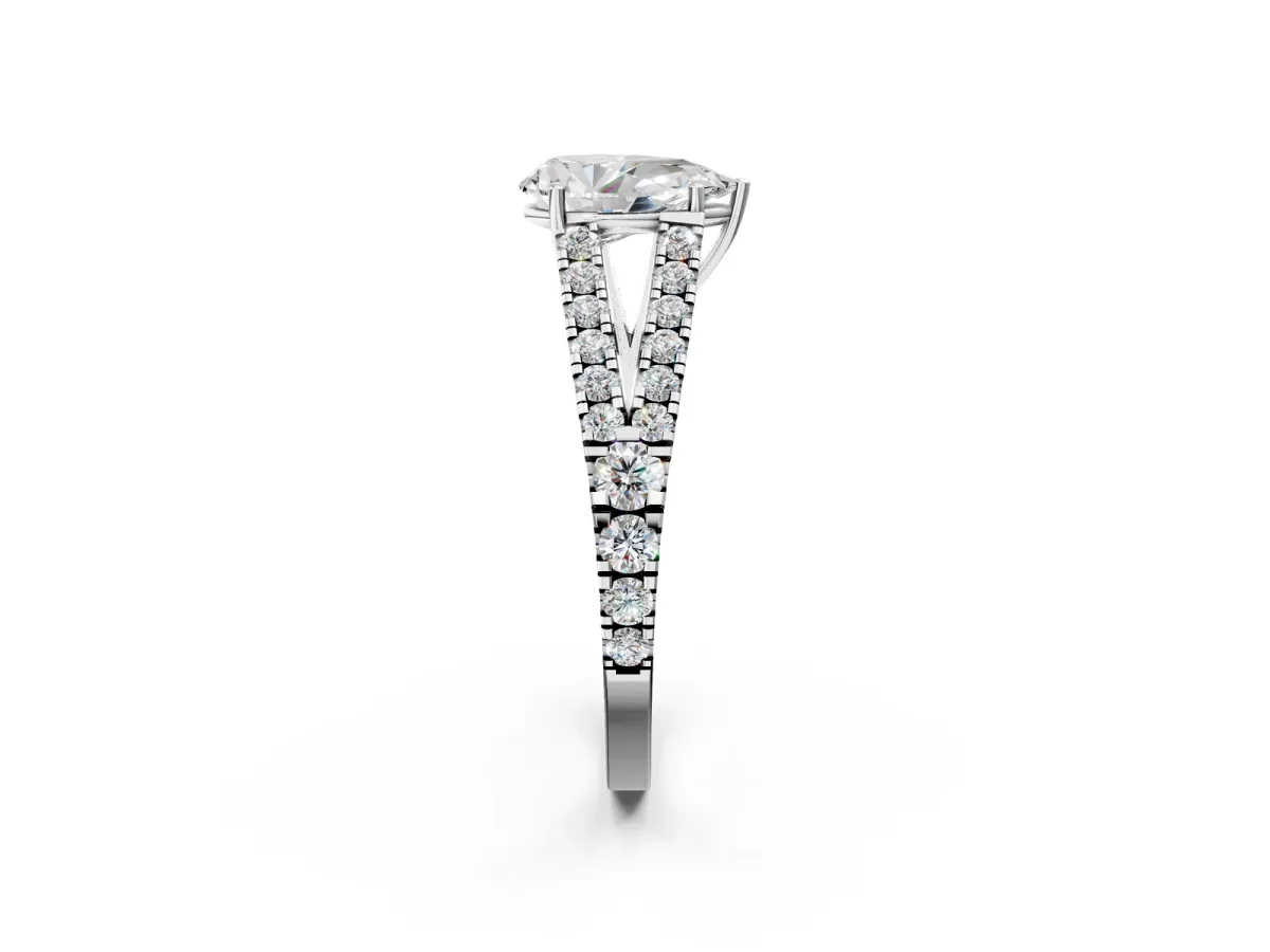 Pear Cut Diamond Split Shank Engagement Ring with Round Pavé and Prong Setting Platinum