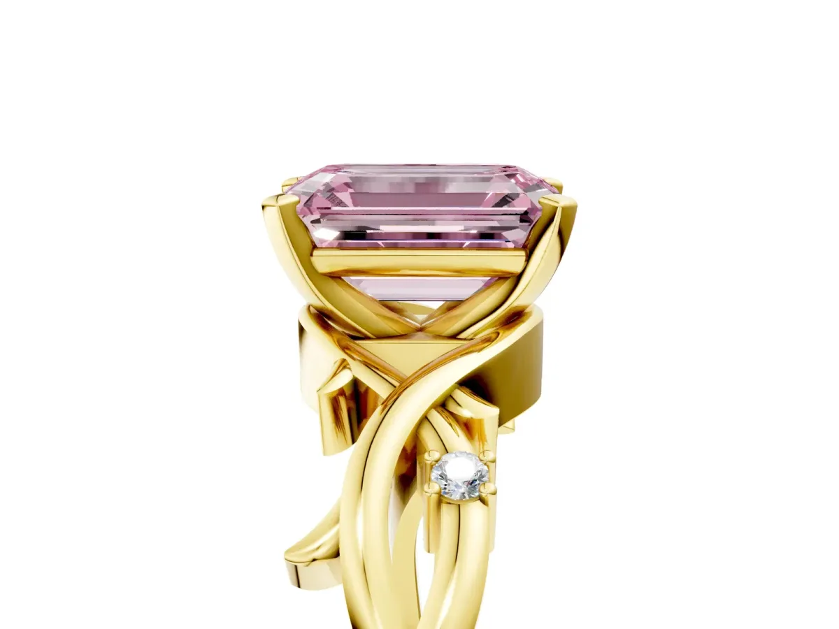 Fancy Pink Emerald Cut Diamond Solitaire Ring with Twisted Band and Prong Setting Yellow gold