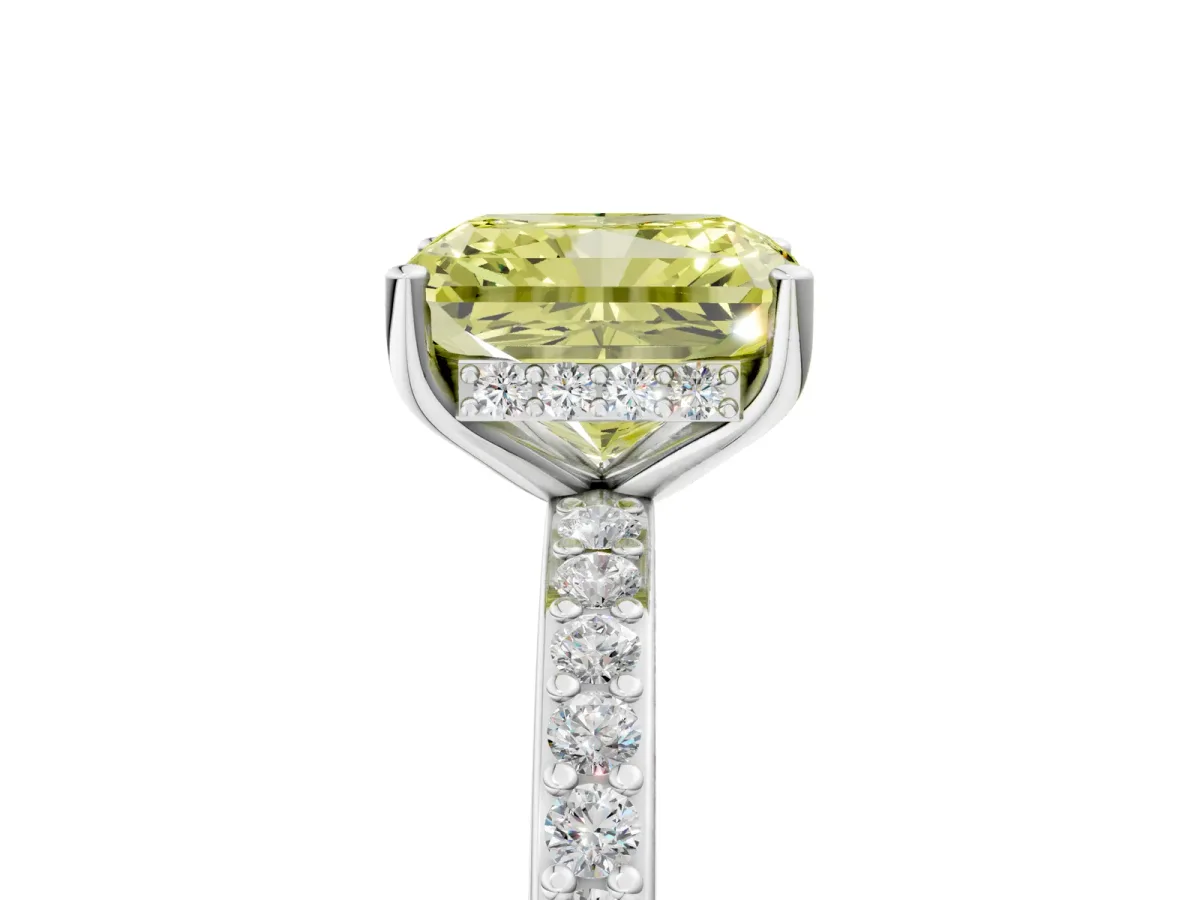 Fancy Yellow Radiant Cut Cut Diamond Pavé Band Ring with Four-Prong Setting Platinum