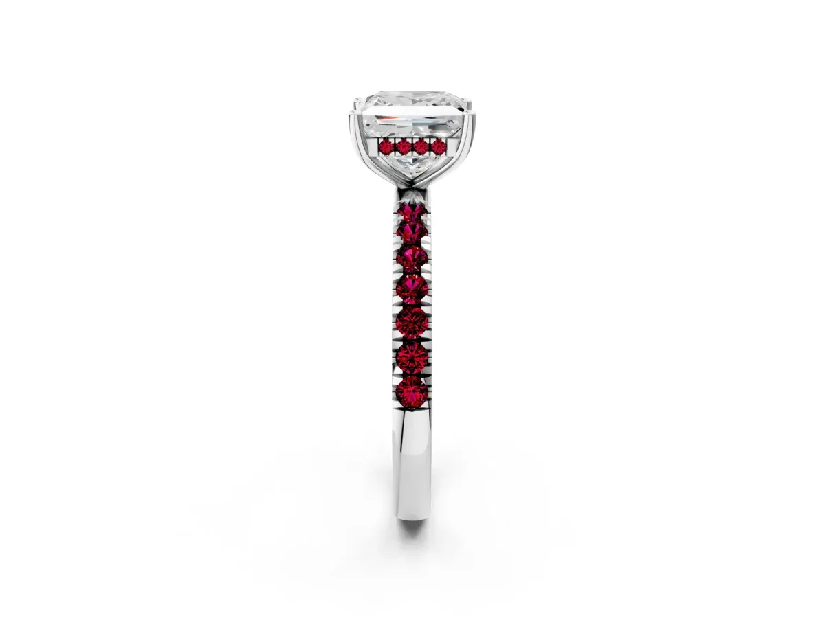 Princess Cut Diamond Pave Band Solitaire Ring with Round Garnet and Prong Setting Silver