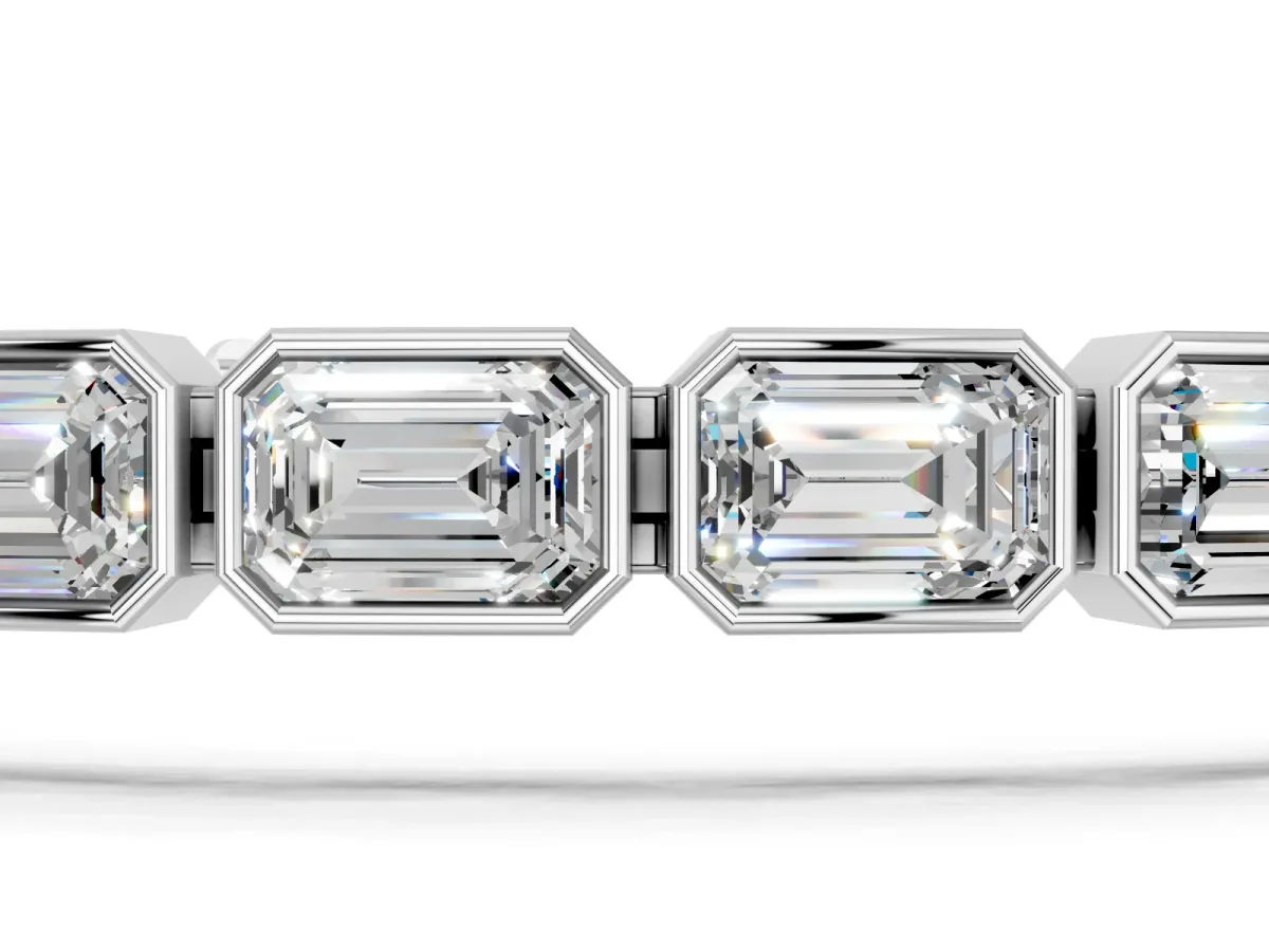 East-West Emerald Cut Diamond Tennis Bracelet with Bezel Setting White gold