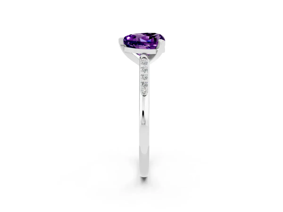 Heart Cut Amethyst Solitaire Ring with Channel Set Round Band and Prong Setting Silver