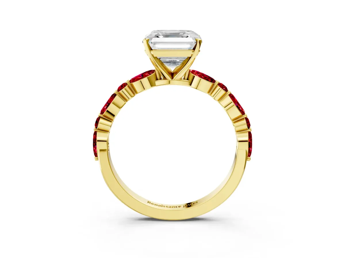 Asscher Cut Diamond Ring with Marquise and Round Ruby Side Stones and Four-Prong Setting Yellow gold