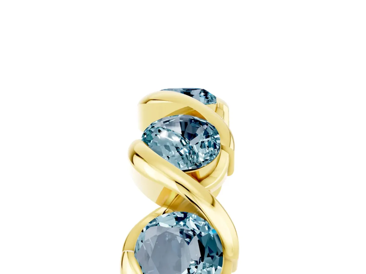 Round Aquamarine Wave Band with Channel Setting and Shared Prongs Yellow gold