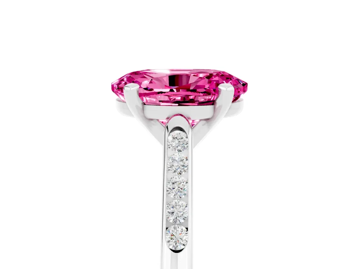 Oval Cut Pink Sapphire Solitaire Ring with Channel Set Round Band and Prong Setting Silver