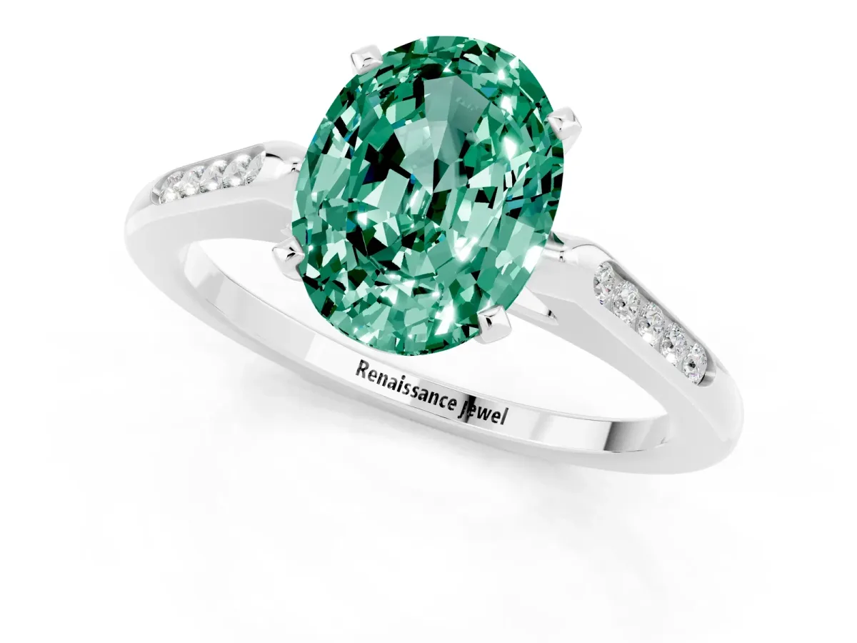 Oval Cut Green Sapphire Solitaire Ring with Channel Set Round Band and Prong Setting Silver