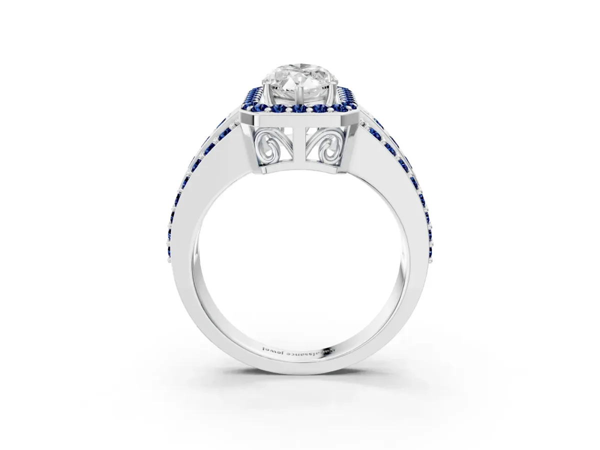 Marquise Cut Halo Diamond Ring with Round Blue Sapphire Split Shank and Prong Setting Silver