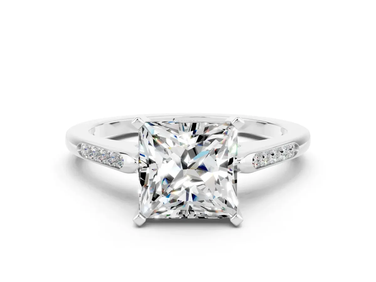 Princess Cut Moissanite Solitaire Ring with Channel Set Round Band and Prong Setting Silver