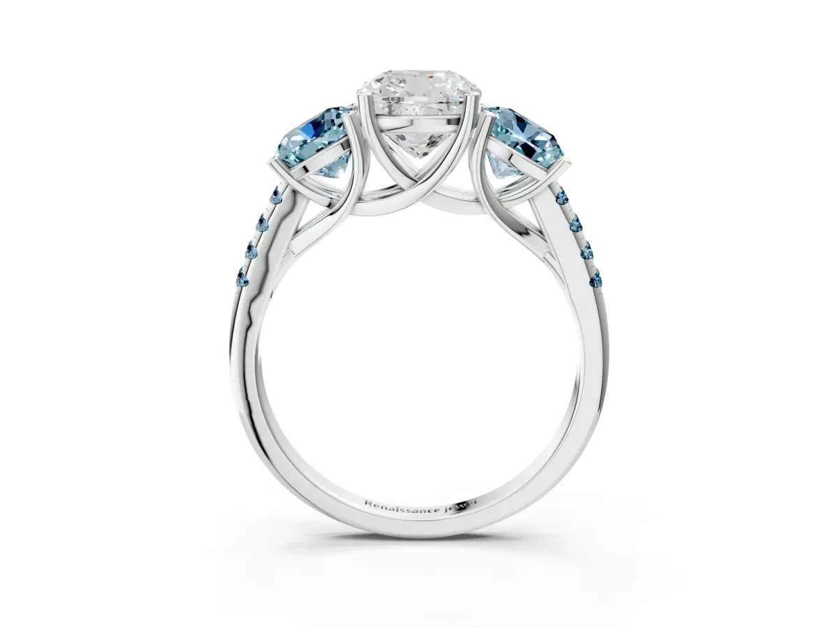 Three-Stone Cushion Cut Diamond Ring with Round Aquamarine Pavé Band and Prong Setting Silver