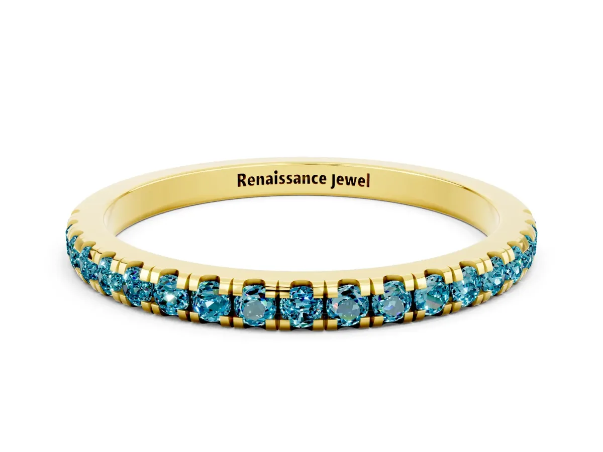 Pavé Round Blue Topaz Half Eternity Band with Shared Prong Setting Yellow gold