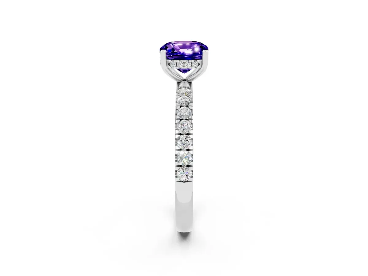 Cushion Cut Tanzanite Pave Band Solitaire Ring with Round and Prong Setting Silver