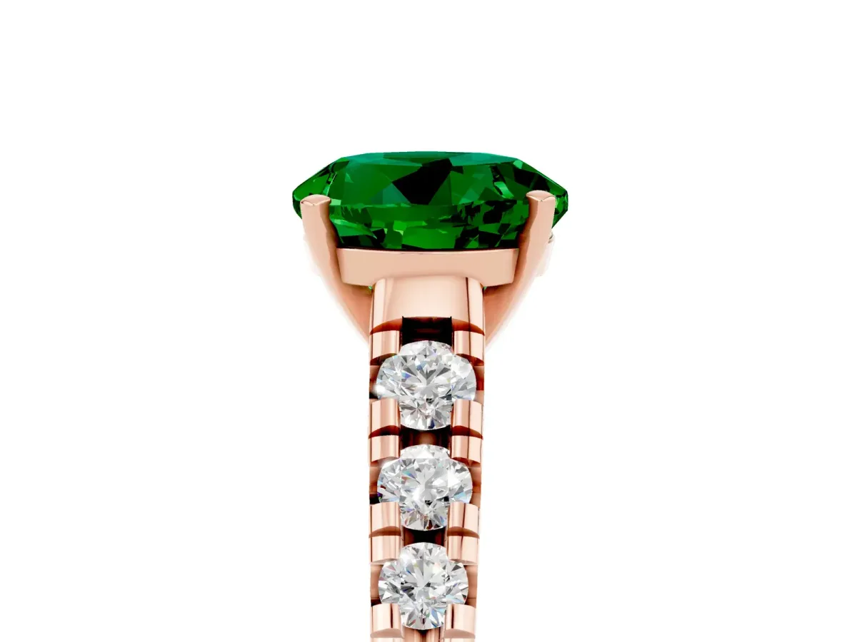 Round Cut Emerald Cathedral Solitaire Ring with Round Pavé Band Rose gold