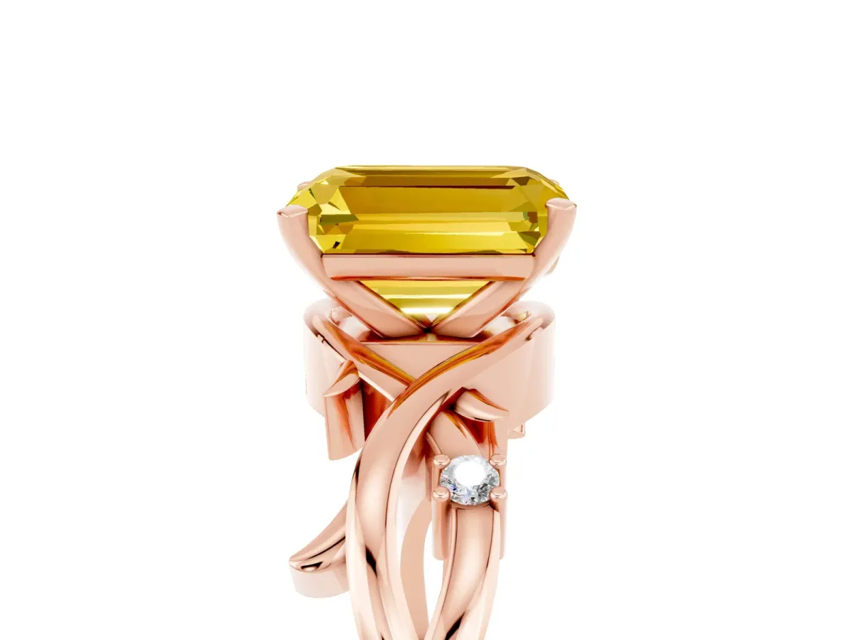 Emerald Cut Yellow Sapphire Solitaire Ring with Twisted Band and Prong Setting Rose gold