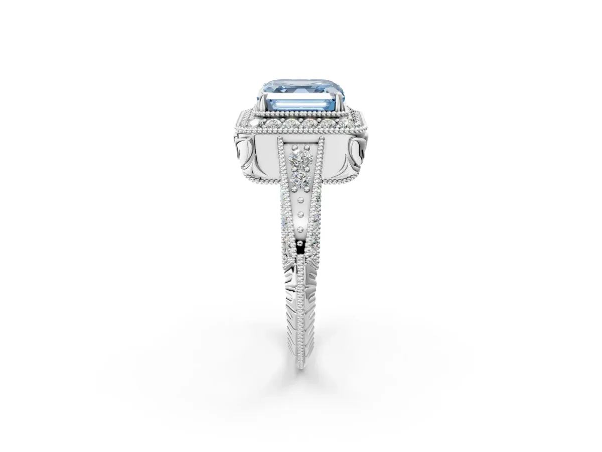 Fancy Blue Asscher Cut Halo Diamond Split Shank Ring with Milgrain Detail Platinum