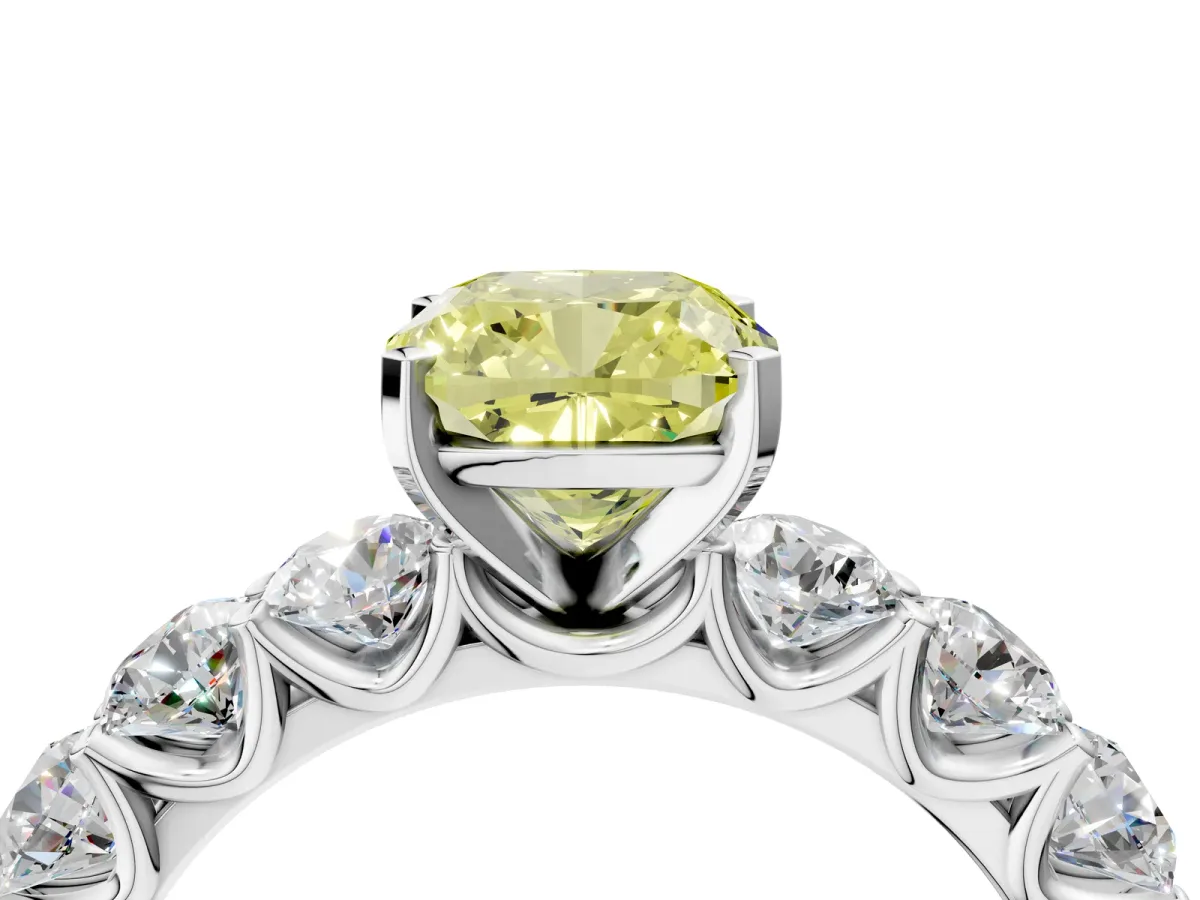 Fancy Yellow Cushion Cut Diamond Prong Setting with Side Stones on a Pave Band Silver