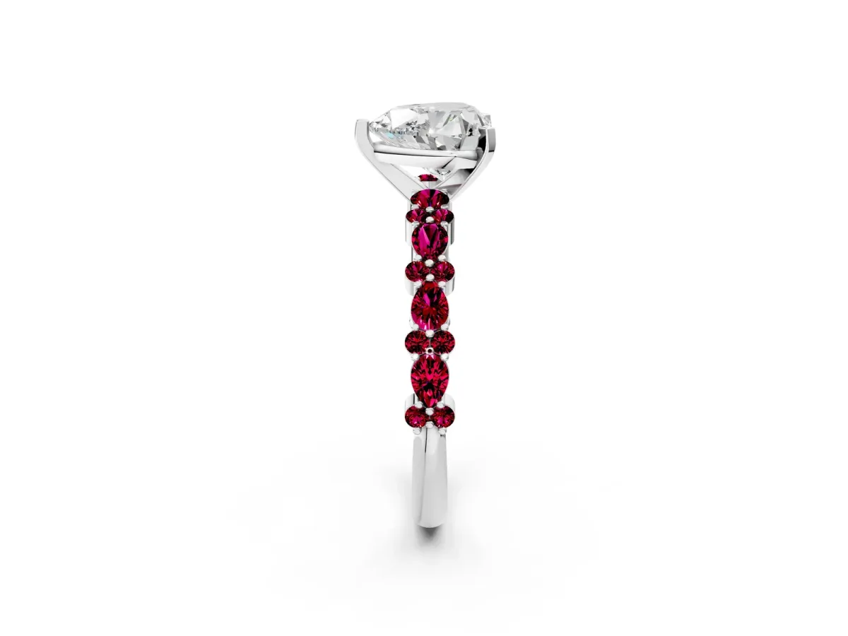 Heart Cut Diamond Side Stone Solitaire Ring with Round Garnet and Four-Prong Setting Platinum