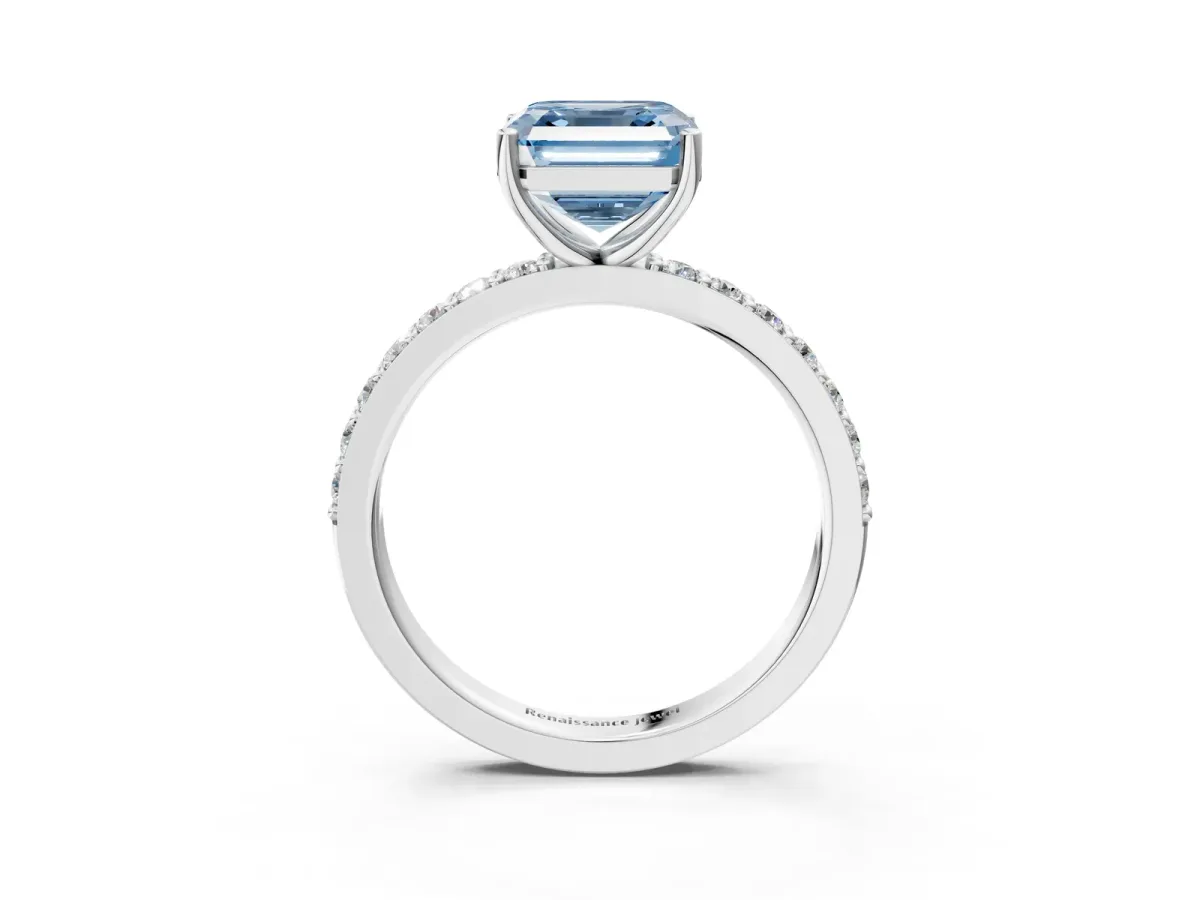 Fancy Blue Asscher Cut Cut Diamond Solitaire with Pave Band and Four-Prong Setting Platinum