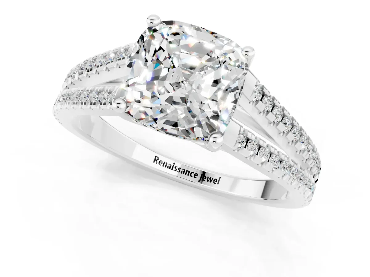 Cushion Cut Moissanite Solitaire Engagement Ring with Split Shank Pavé Band Silver