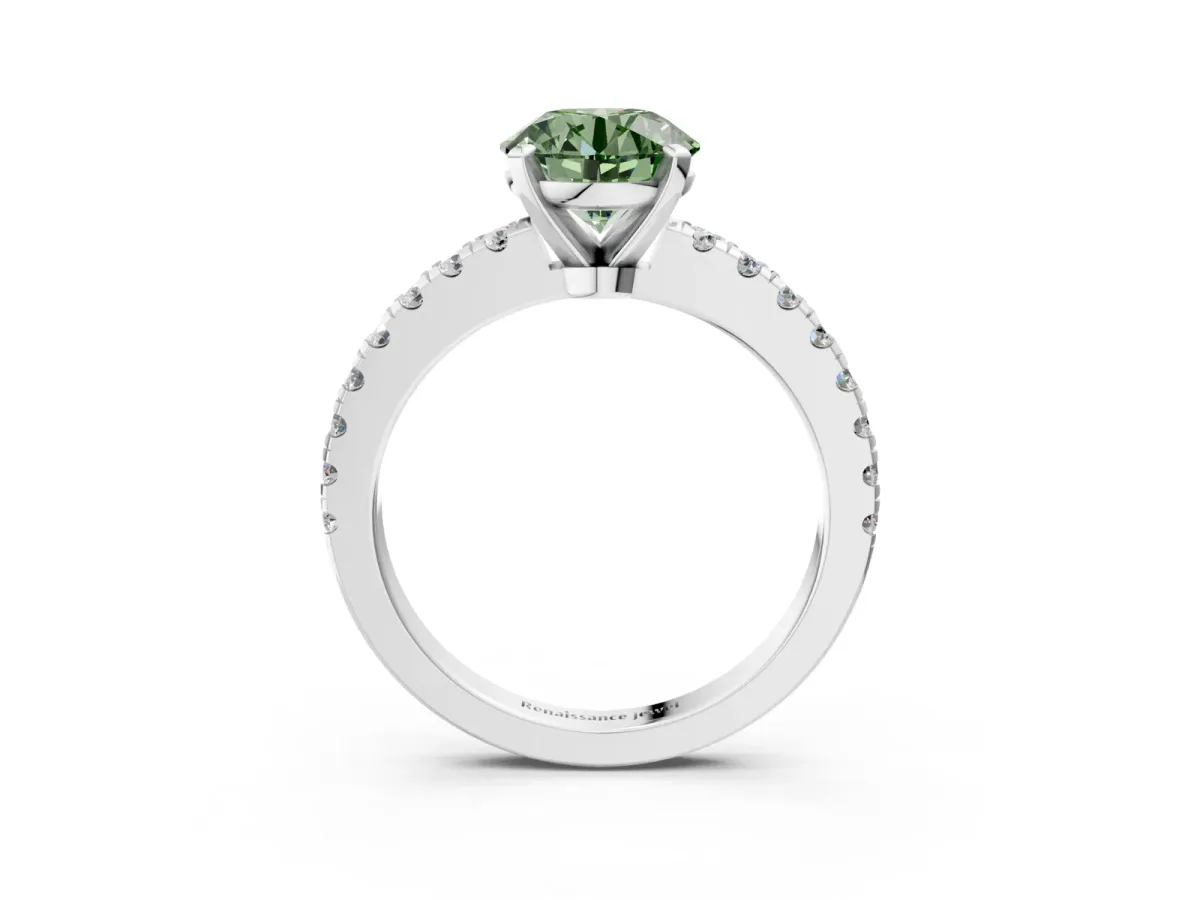 Fancy Green Round Cut Solitaire Diamond with Pavé Band and Four-Prong Setting Silver