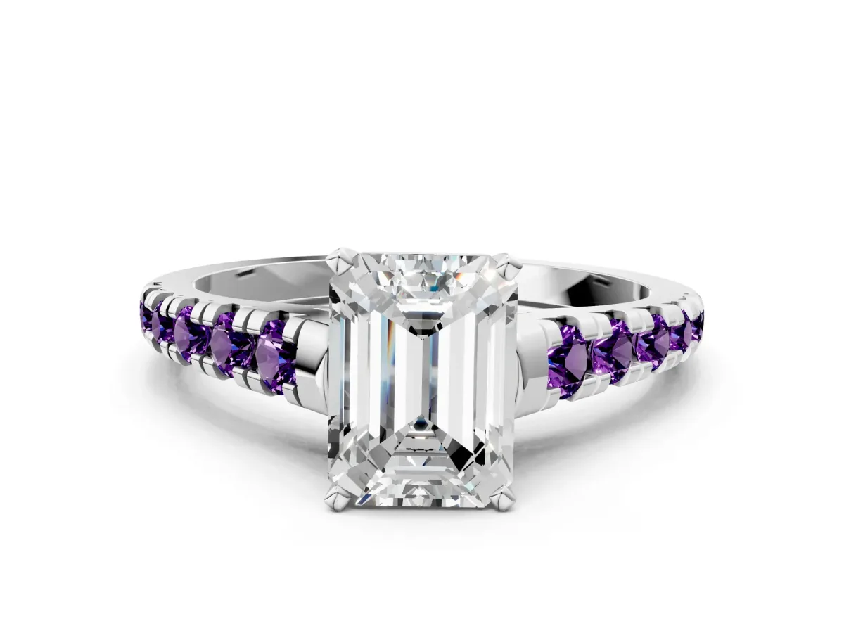 Emerald Cut Diamond Cathedral Solitaire Ring with Round Amethyst Pavé Band Platinum