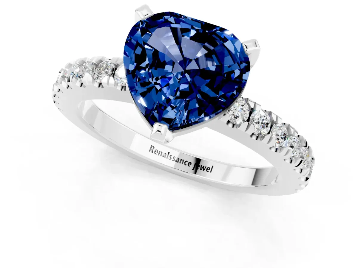 Heart Cut Solitaire Blue Sapphire with Pavé Band and Four-Prong Setting Silver