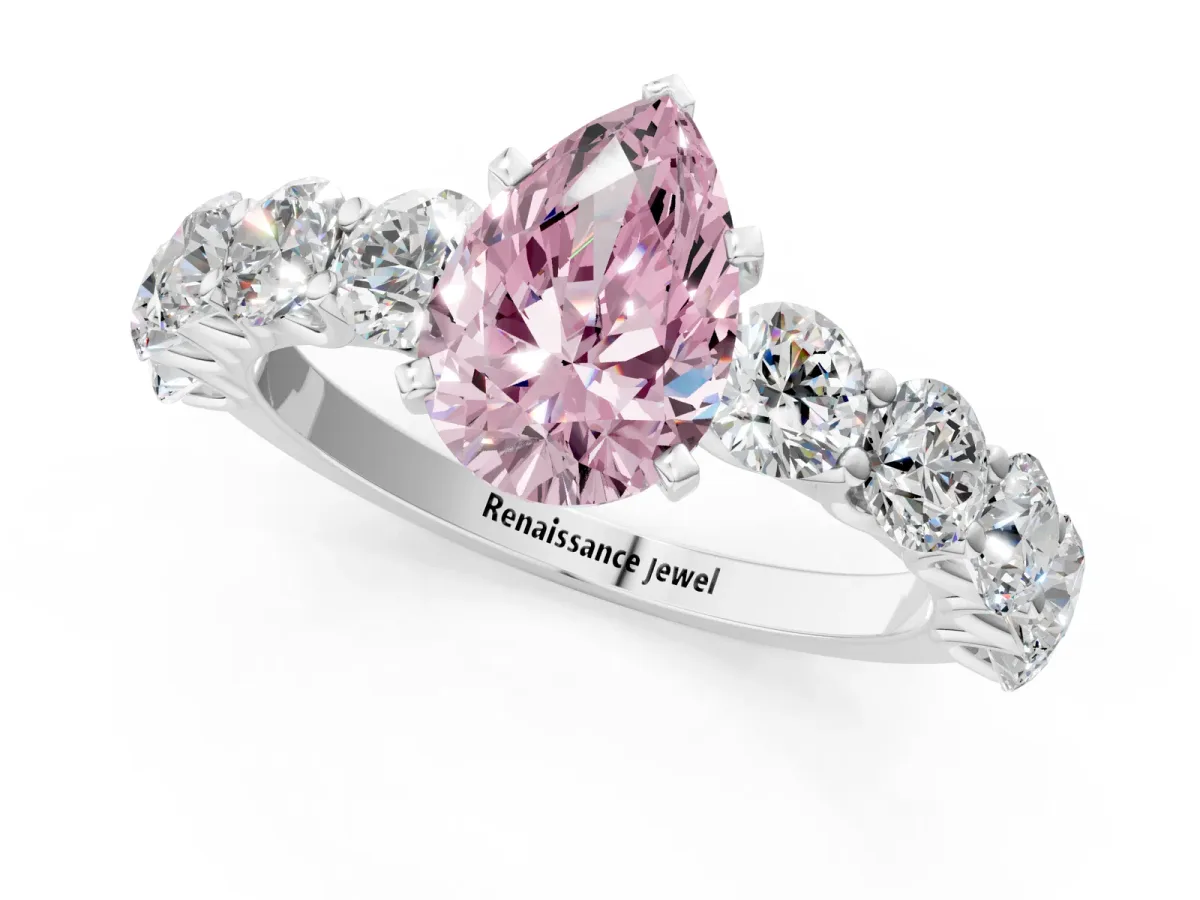 Fancy Pink Pear Cut Diamond Prong Setting with Side Stones on a Pave Band Platinum