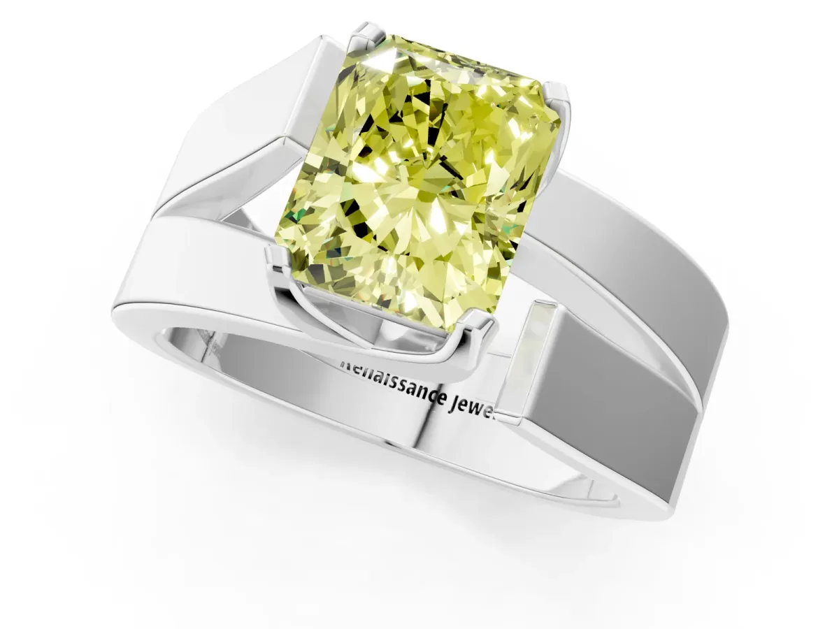 Fancy Yellow Modern Tension Set Radiant Cut Diamond Solitaire Wide Band Ring Silver